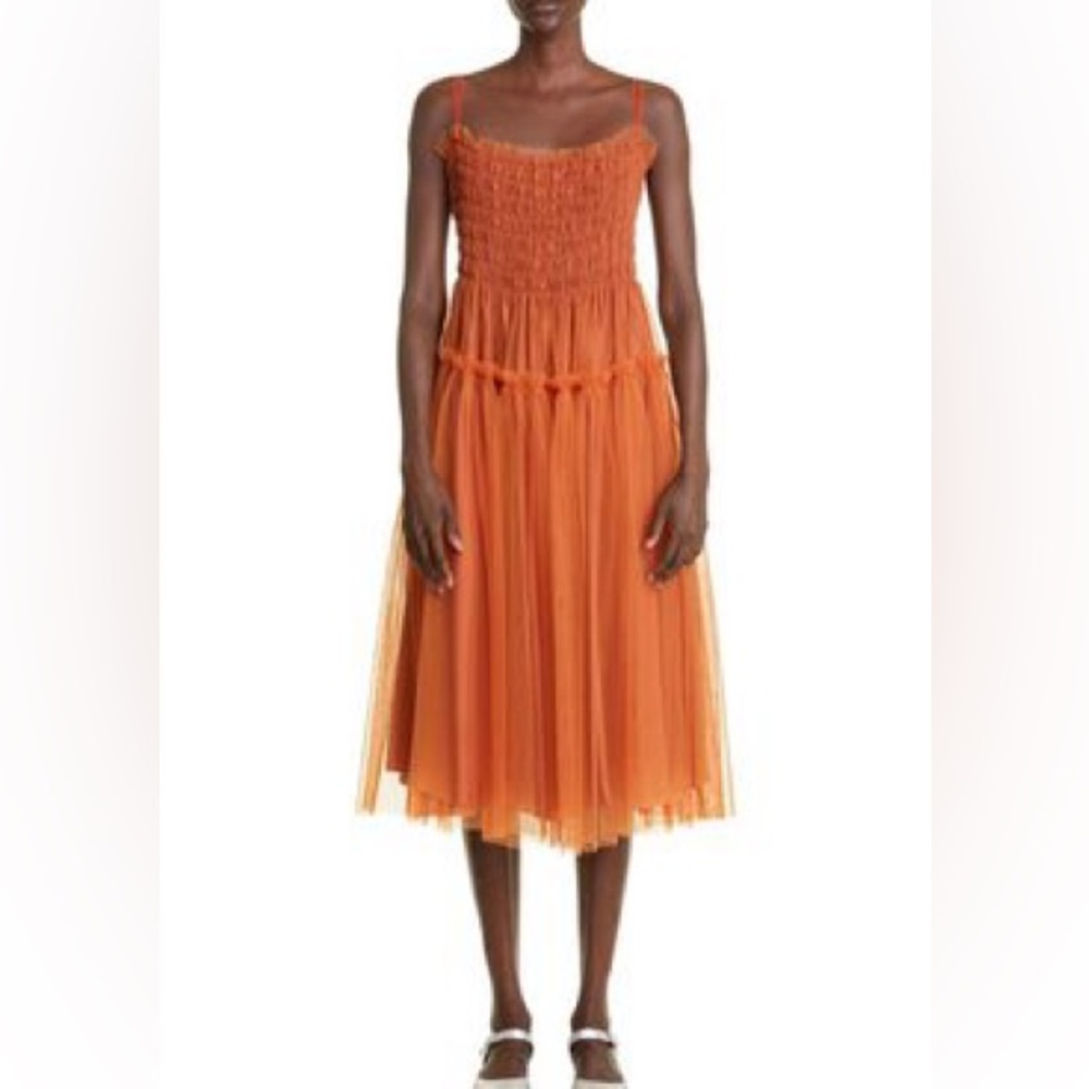 Molly Goddard Curtis Shirred Tulle Midi Dress in Rust